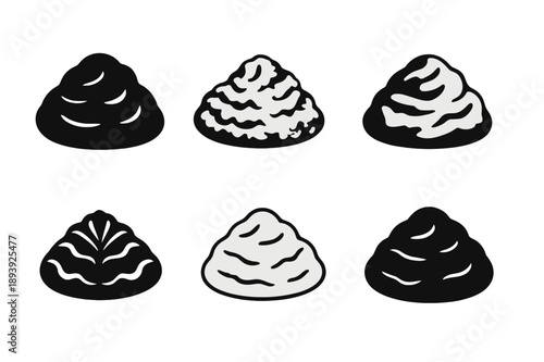 Mashed Potato Icons. Mashed potato mound. Icon set. Set Logo of mashed potato mound: rustic hand-mashed texture. harmonious logo variations of the same