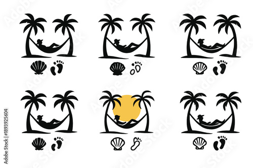 Tropical Hammock Emblems. A traveler relaxing in a hammock between two palm trees, on a tropical island. Icon set. Set Logo of A traveler relaxing in a hammock
