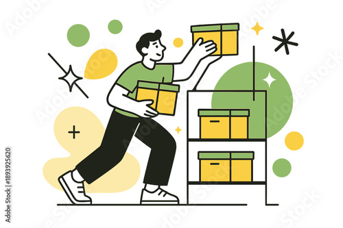 Organizing Supply Boxes. Restocking Supplies. Stack of supply boxes being organized on shelves with floating abstract geometric shapes and light accents, clean