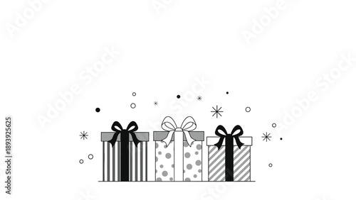 Collection of three stylish gift boxes with different patterns and elegant ribbons, set against a festive background with stars.