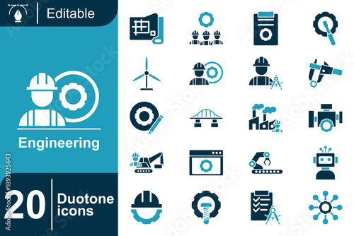 Engineering Duotone Icon Set Diverse Collection for Architecture, Industry, and Technology Applications