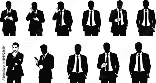 Businessman silhouette vector set, black white corporate pose clipart, professional gesture illustration, office attire design bundle