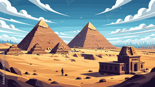 Ancient egyptian landscape with majestic pyramids and desert sky