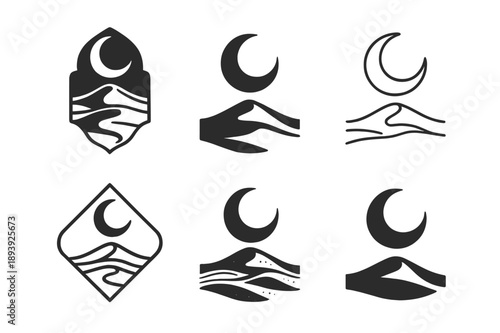 Mystical Landscape Logos. Mystical landscapes. Icon set. Set Logo of mystical landscapes: desert dunes beneath a giant crescent moon. harmonious logo
