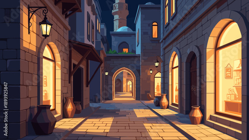 Mystical night scene in old town alley with arched pathways and illuminated shops