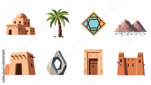 Desert architecture and nature elements featuring mountains and palm trees