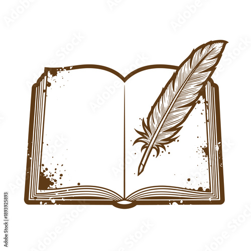 Vintage Grunge texture Brown illustration of an open book with a feather quill pen on top  symbolizing writing and literature
