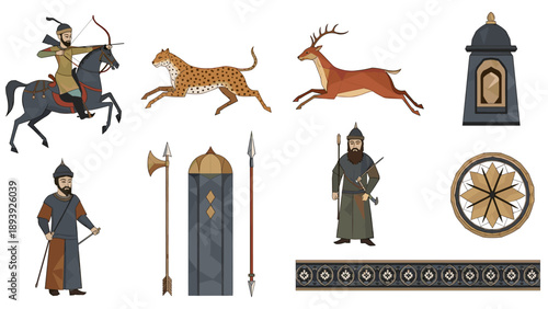 Medieval warrior and wildlife art with traditional motifs and weapons