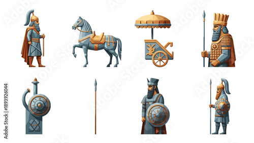 Ancient warrior and chariot set in isometric medieval style