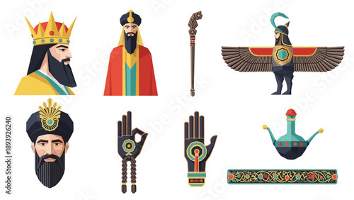 Ancient persian symbols and figures in colorful flat style