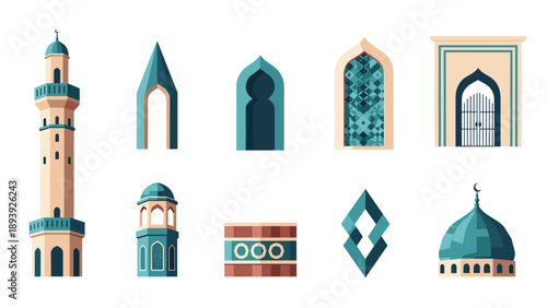 Isometric islamic architectural elements with minarets and domes