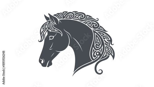 Elegant black stylized horse head illustration with intricate ornate mane, mythical and strong design on an isolated white background.