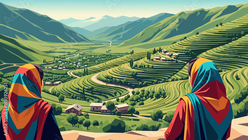 Scenic mountainous landscape with overlooking figures in colorful attire