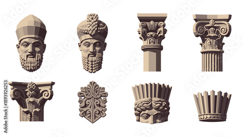 Ancient architectural elements and sculpted faces in classic art style