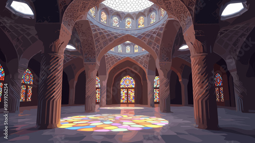 Majestic mosque interior with intricate architecture and vibrant stained glass windows
