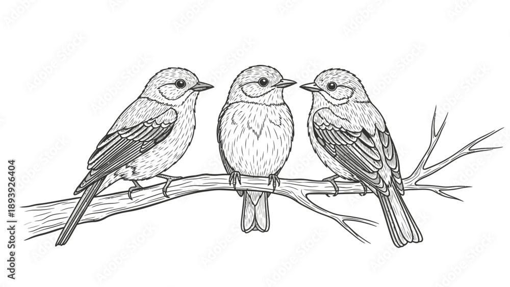 Fototapeta premium Three Small Birds Perched on a Branch, Peaceful Nature Scene, Isolated White Background