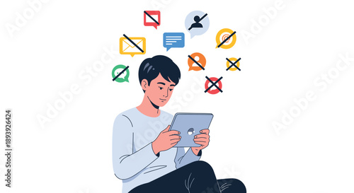 Man using tablet with rejected symbols around head