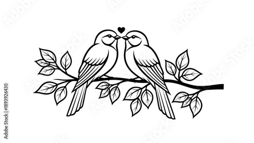 Cute Love Birds on Branch with Leafy Details and Heart, Isolated White Background