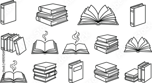 WebSet of black and white hand-drawn vector book icons featuring stacks, open books with steam, and standing textbooks isolated on white background.