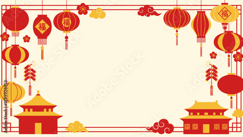 Traditional Chinese New Year Frame with Red Lanterns, Firecrackers, Temple, and Clouds, Festive Celebration Background