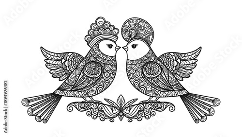 Intricate Ornamental Love Birds on Branch with Hearts, Isolated White Background