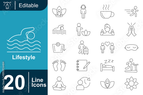 Collection of lifestyle line icons representing wellness, hobbies, travel, relaxation, and healthy living activities