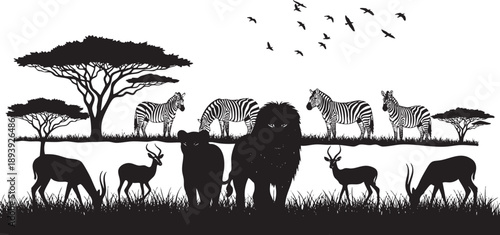 Black and white of savannah animals and trees zebras antelopes lion