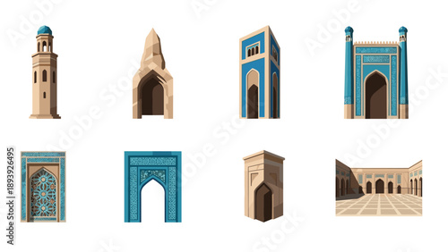Collection of historic middle eastern architectural landmarks in flat design