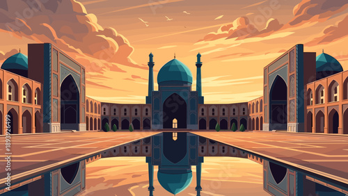 Stunning mosque courtyard at sunset with reflections and vibrant sky