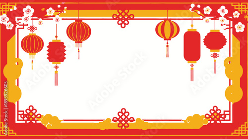 Festive Chinese New Year border frame with red lanterns, gold elements, cherry blossoms, and traditional knots, on a white background with decorative red and gold trim.