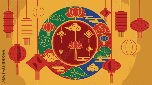 Vibrant Chinese New Year background with red lanterns, lotus flowers, auspicious clouds, and traditional oriental patterns in a festive golden and red setting.