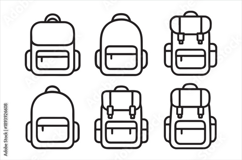 A collection of six different black outline illustrations depicting various styles of backpacks
