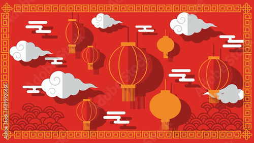 Chinese New Year celebration background with traditional red lanterns, auspicious clouds, and cultural patterns in a festive flat design.