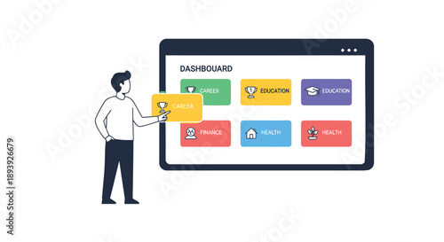 Vector illustration of a man interacting with a dashboard on a large computer screen