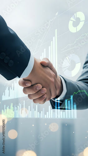 Business partnership handshake with financial data.