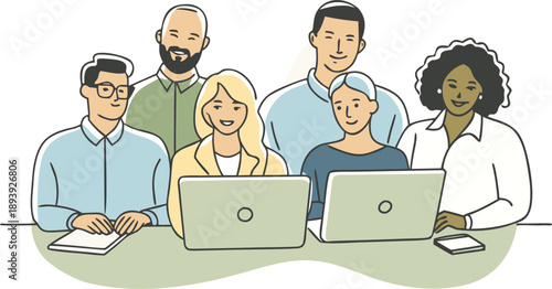 A diverse group of professionals collaborating and sharing ideas around a desk isolated on transparent background, Vector