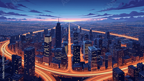 Night cityscape with glowing highways and skyscrapers in retro art style