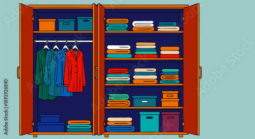 Modern open wardrobe interior, full of neatly arranged clothes and boxes, a crisp vector illustration depicting home storage, organization, and tidiness in a clean graphic style