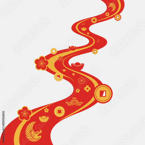 A vibrant red and gold ribbon illustration featuring cultural symbols for a festive celebration, viewed from above