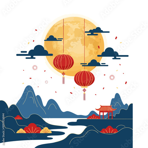 Festival lanterns suspended above serene landscape with majestic mountains and tranquil water under full moon