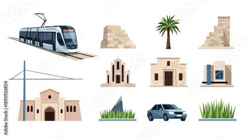 Urban and architectural elements from city landmarks to modern tram