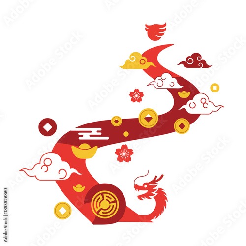 Vibrant red dragon illustration surrounded by symbolic elements and flowers, celebrating cultural festivities with dynamic curves and ornaments