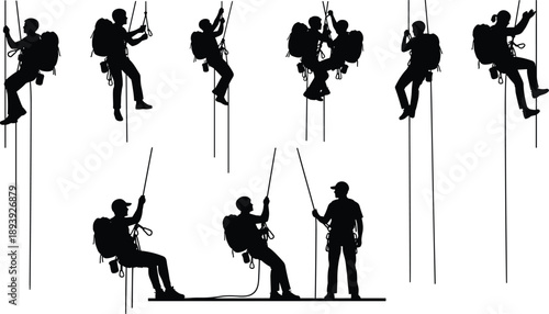 Rope climbing silhouette vector set, black white rappelling clipart, outdoor adventure illustration, harness and gear design bundle