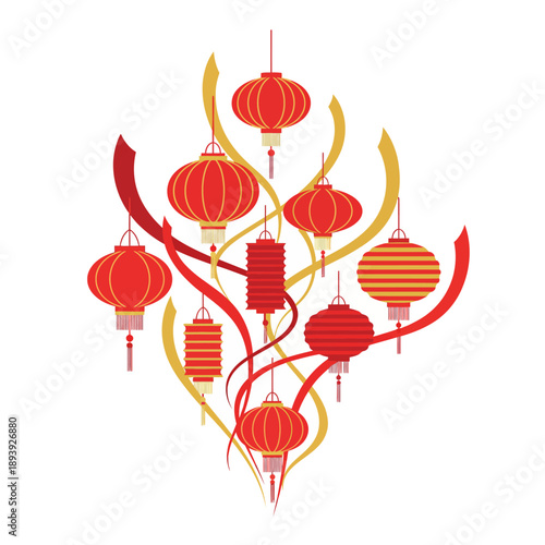 Vibrant red and yellow lanterns suspended from curved stems creating a festive atmosphere in a celebration scene depicted in an illustration