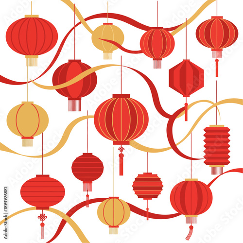 Vibrant Red and Yellow Lanterns Hanging from Twirling Ribbons in a Festive Celebration Scene