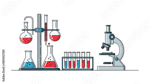 Comprehensive chemistry laboratory setup with various glass flasks, test tubes, beakers, and a microscope for scientific research and analysis.