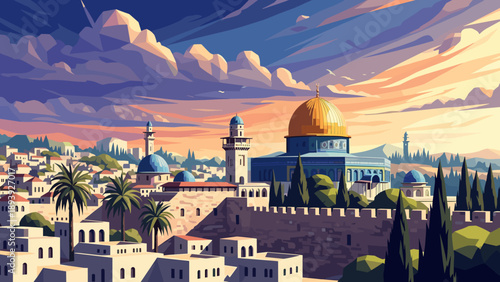 Vibrant sunset over jerusalem skyline with historic landmarks and dramatic clouds