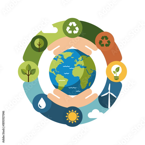 Earth in hands with eco icons.