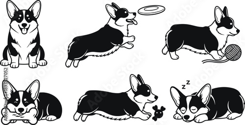 Black silhouette vector illustration set featuring cute Welsh Corgi dogs playing with toys jumping sleeping and sitting for pet care and canine branding design