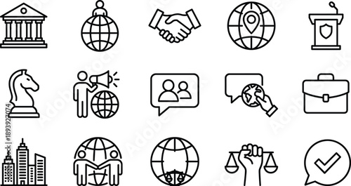 WebSet of black linear vector icons featuring global business, government buildings, handshake, legal justice scales, and international communication elements isolated on white background.
